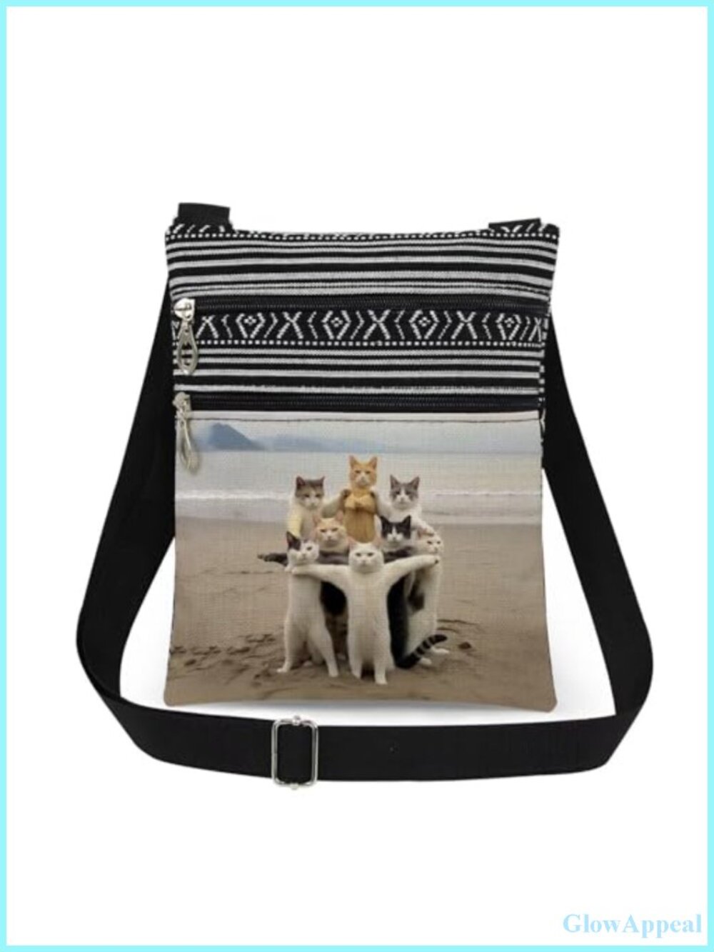 Polyester Cat Print Crossbody Bag Adjustable Strap Double Zipper